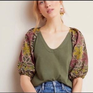 MAEVE by Anthropologie Green Embroidered Top Sz L